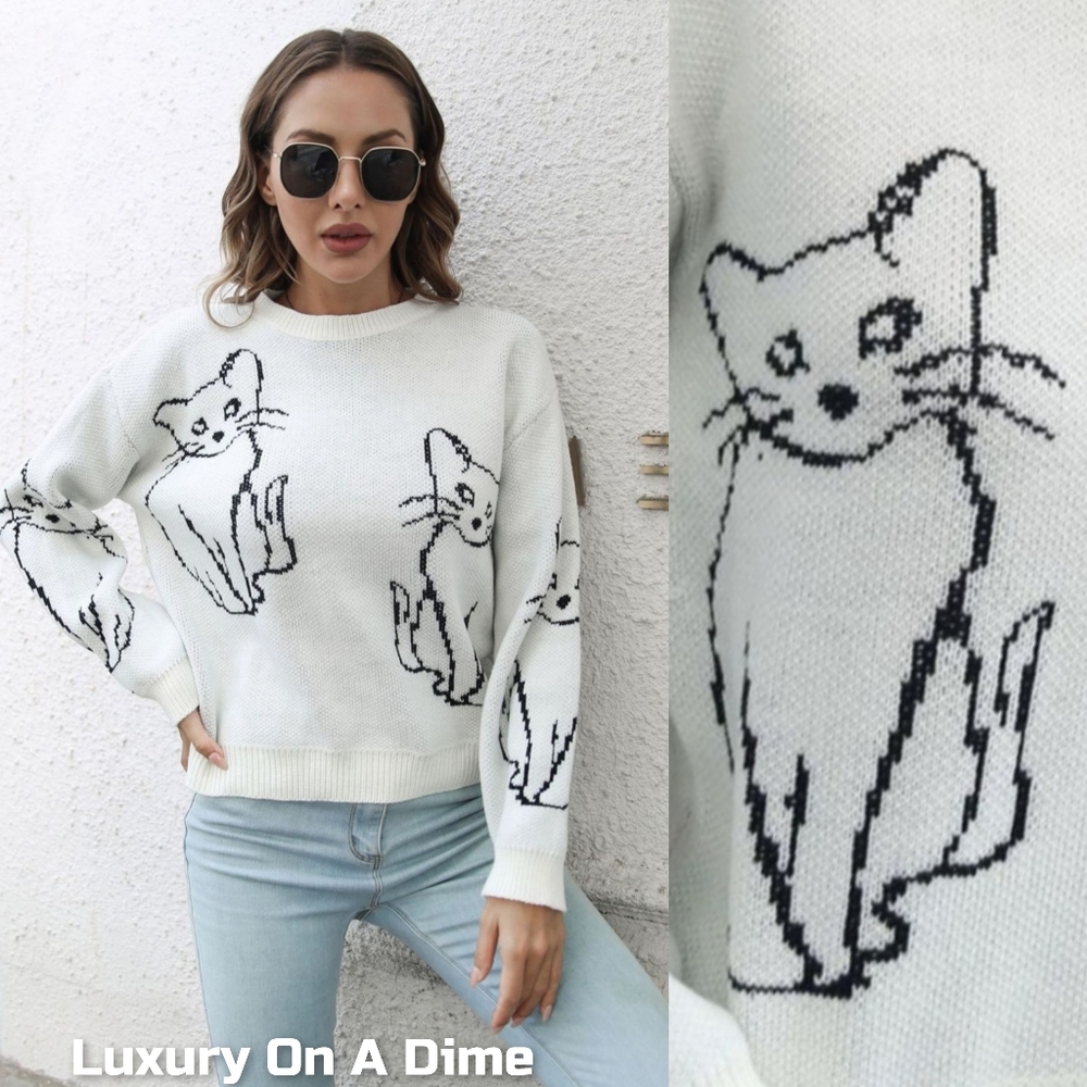 Kitty Cat Knit Round Neck Top Long Sleeve Pullover Sweater Shirt White Feline